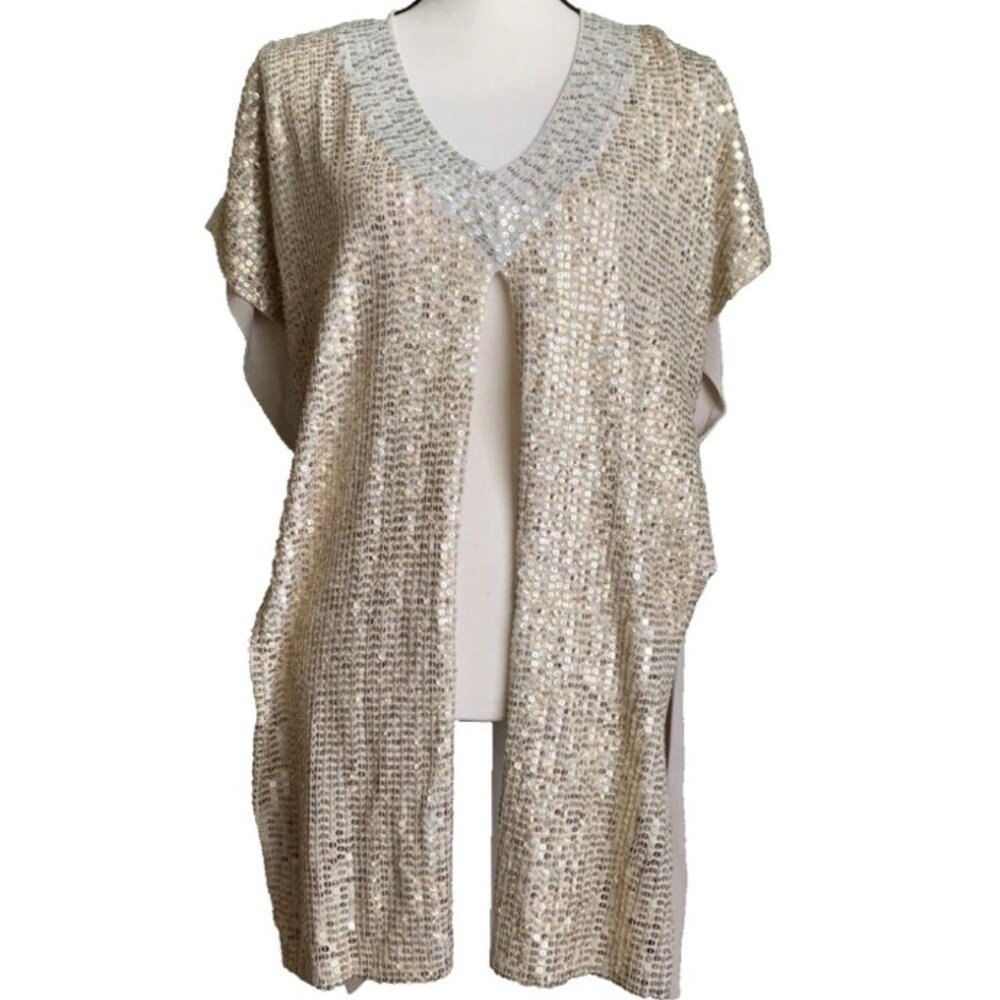 Chico’s Gold/Silver Sequin Embellished Poncho Cardigan Topper Vest Glam Sparkle